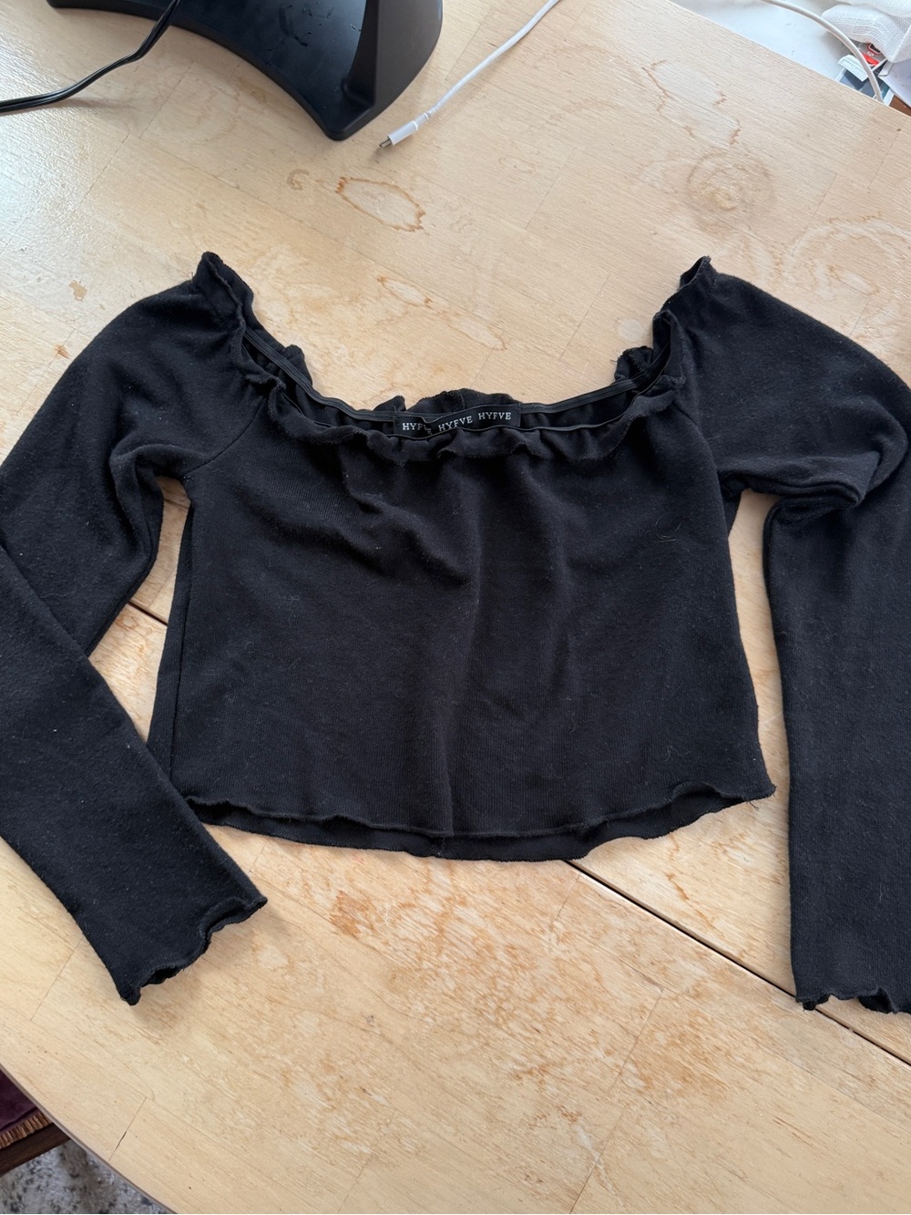 HYFVE Black Off-Shoulder Ruffle-Trim Cropped Top